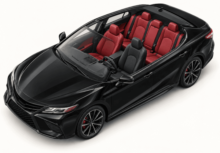 Cutaway illustration of a black Toyota Camry showing seating for the driver and passengers